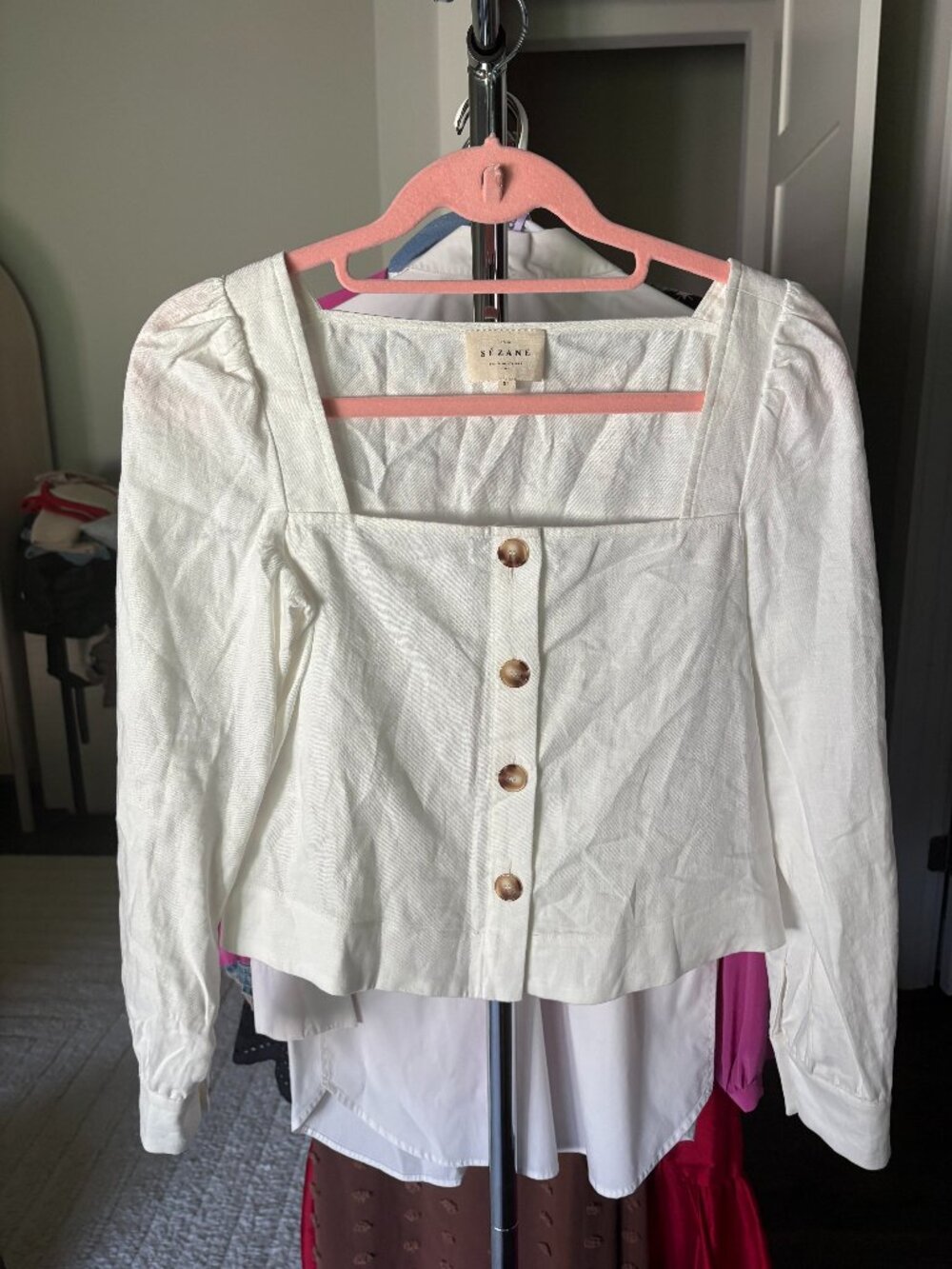 Sezane Ivory Linen Square Neck Top Puff Sleeve Tortoise Buttons FR 34 US 2 XS